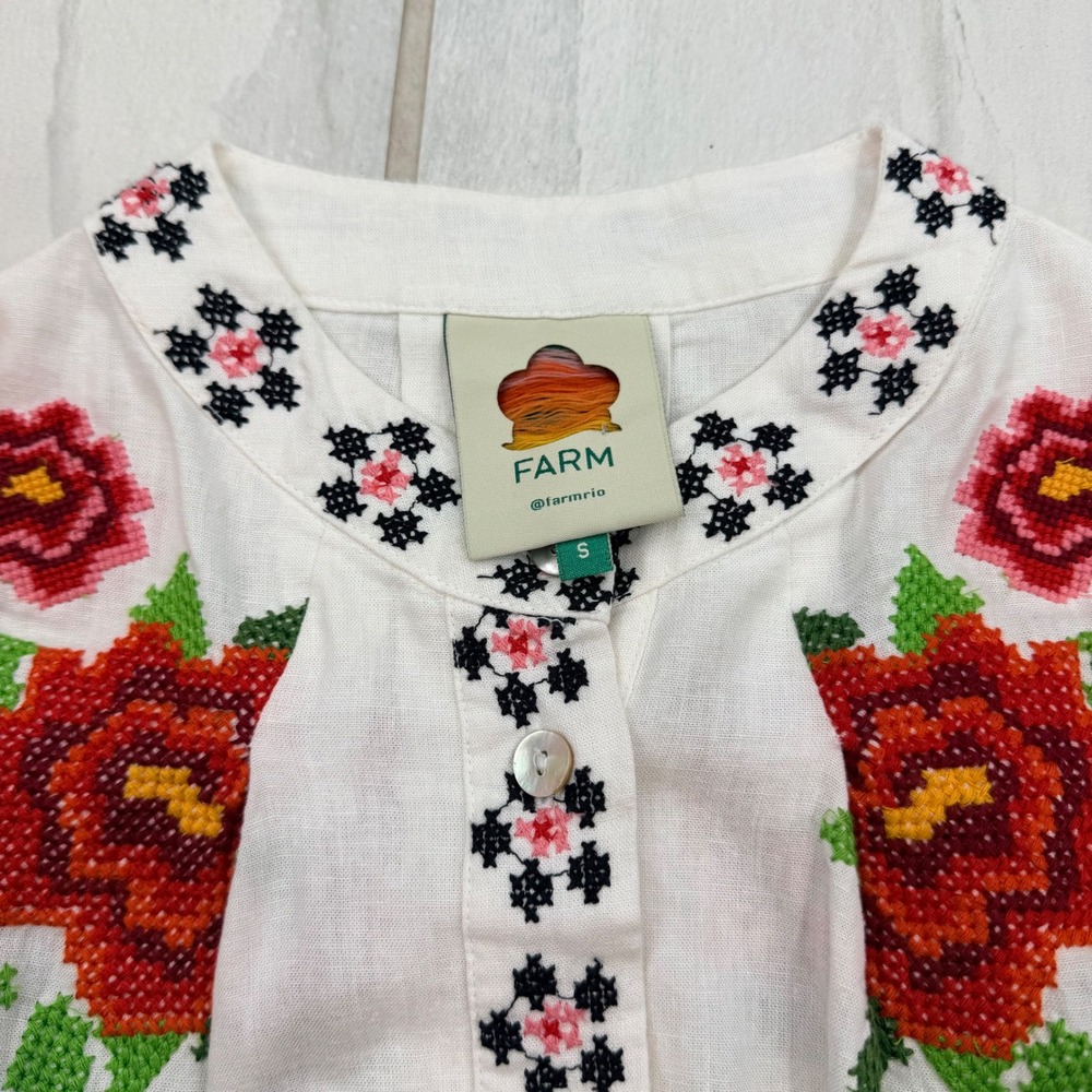 Farm Rio Cross Stitch Floral Linen Blend Mini Dress White Red Size S 318237 - Picture 7 of 9